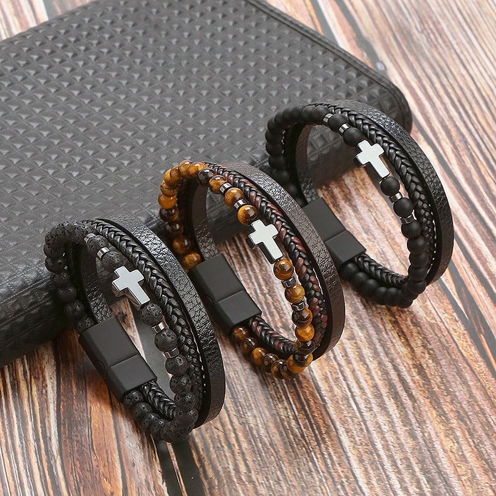 Men's Tiger Eye Stone Cross Bracelet - Harajuku Style