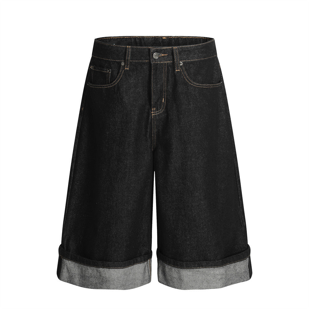 Men's Color Block Turn-up Straight Jeans Shorts - Harajuku Style
