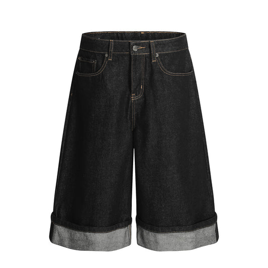 Men's Color Block Turn-up Straight Jeans Shorts - Harajuku Style