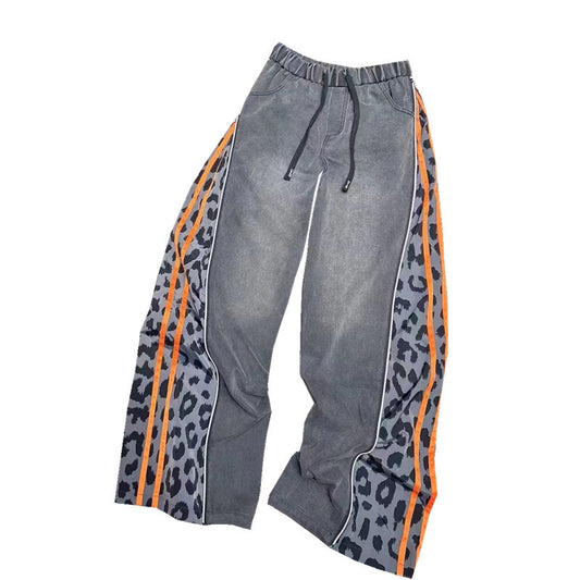 Personalized Leopard Print Splicing Denim Pants