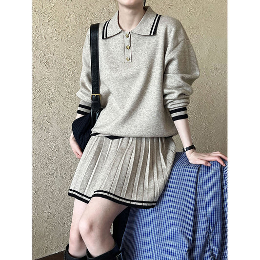 Playful Polo Collar Hoodie & Pleated Skirt Set