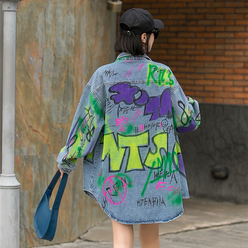Women's Harajuku Style Casual Graffiti Denim Jacket