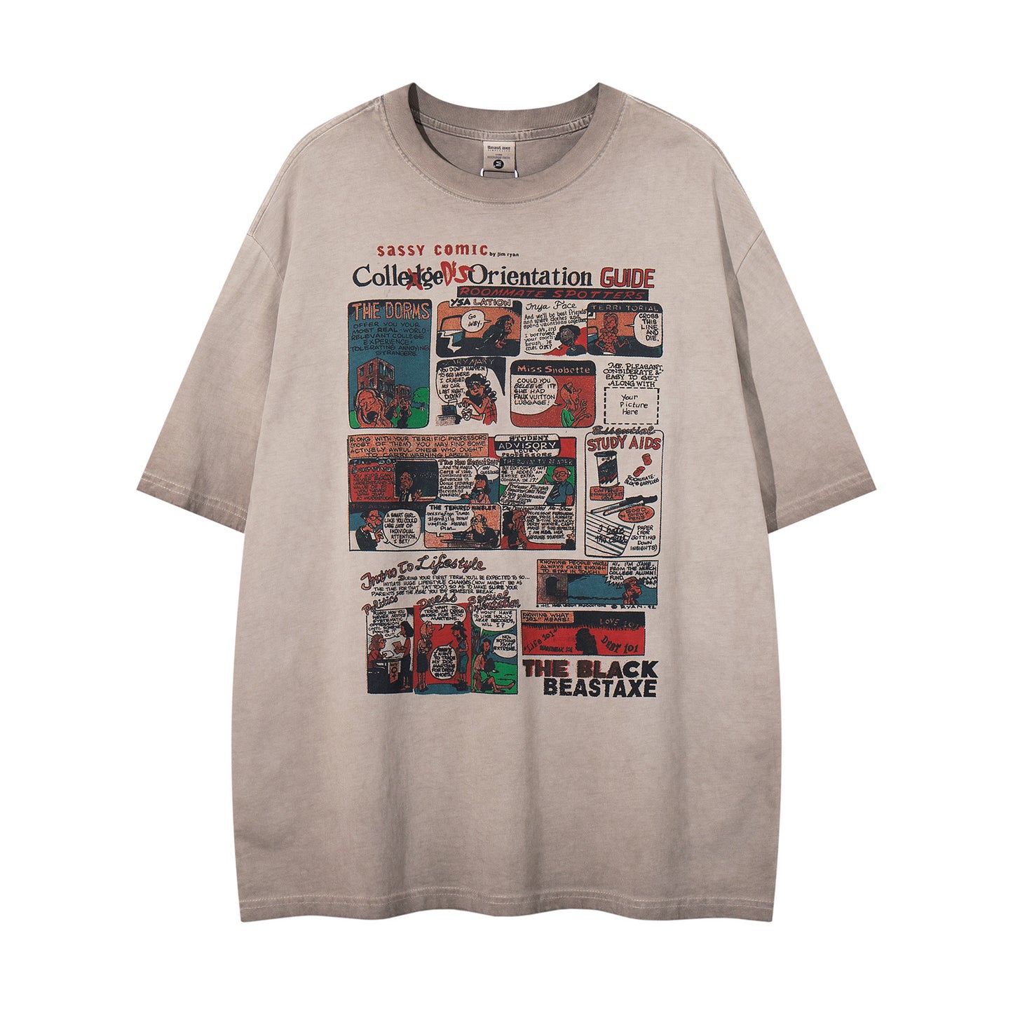 Washed Fun Cartoon Print Short Sleeve T-Shirt