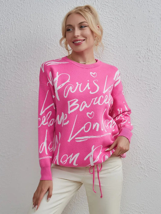Drawstring Hem Letter Pattern Sweater