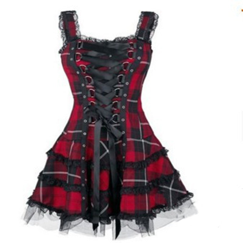 Printed Midi Skirt Dress with Lace Suspender and High Waist