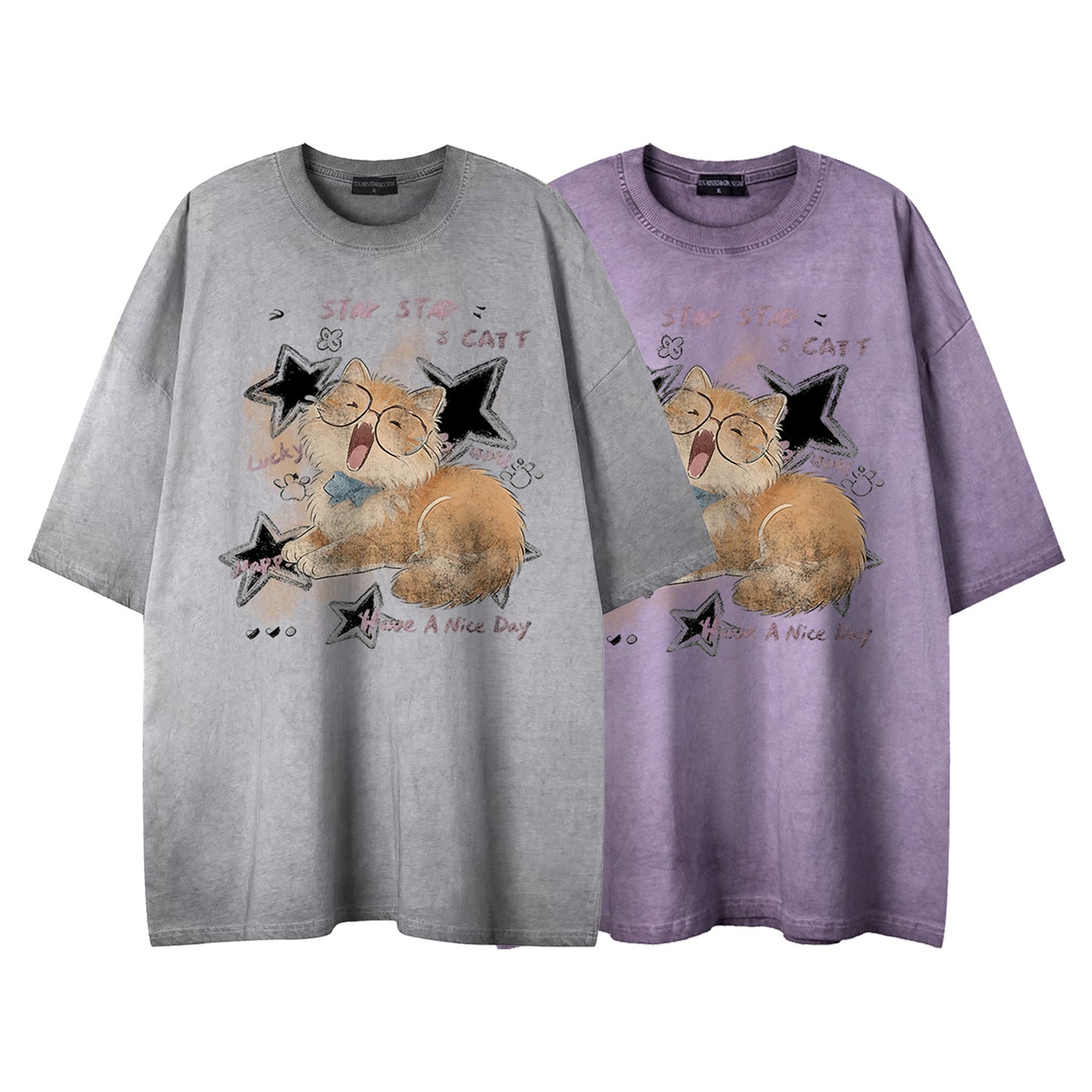 Soft and Cute Orange Cat Printed Short Sleeved Shirt - Harajuku Style Loose Fit