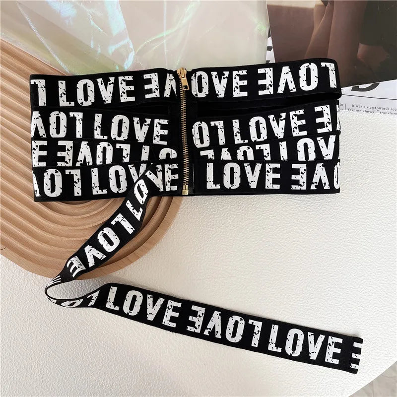 Harajuku Style Letter Printed Black Cummerbund Belt
