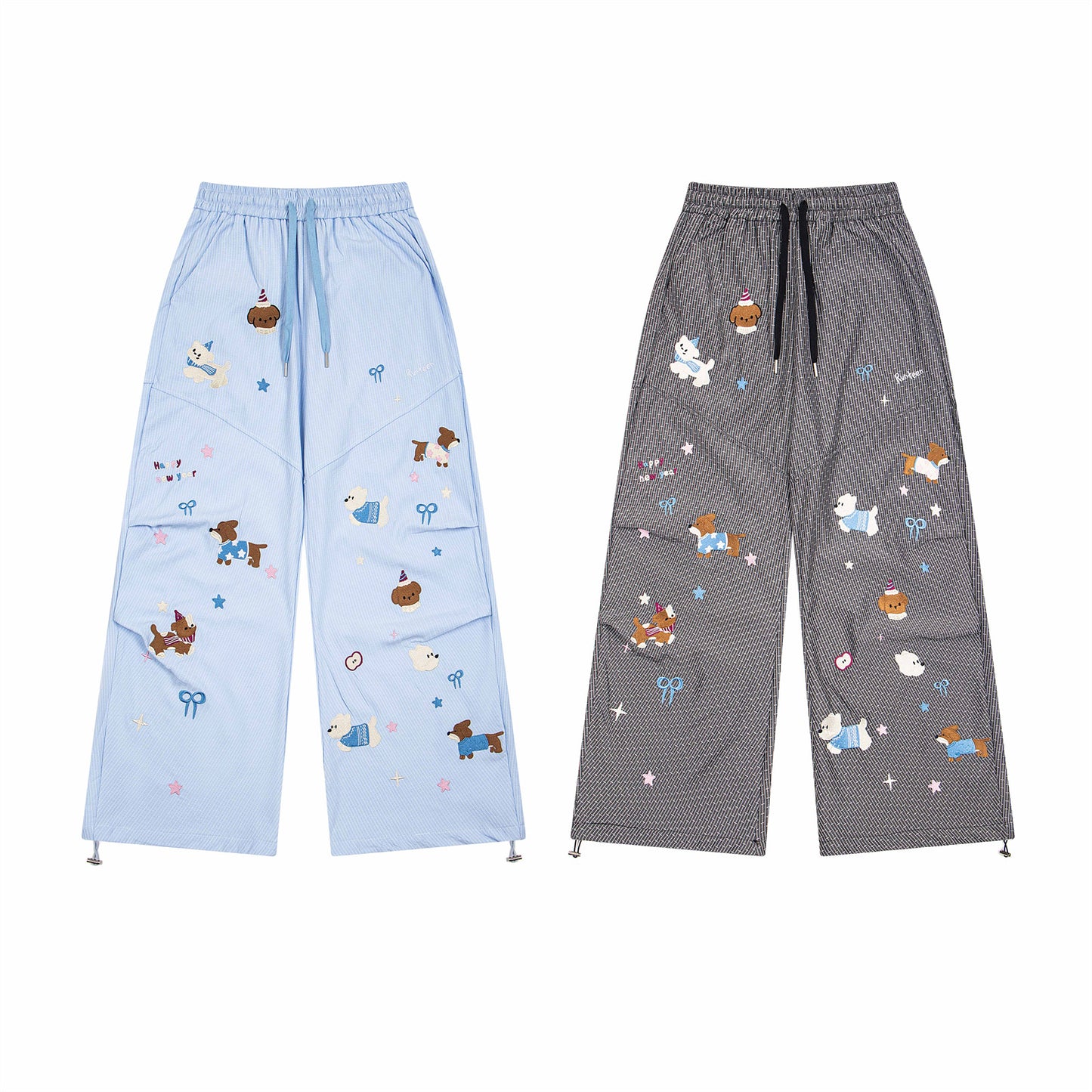 Playful Embroidered Striped Wide Leg Pants