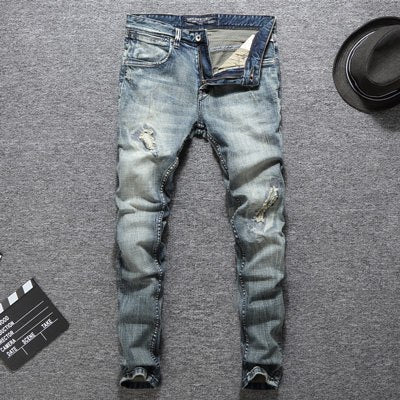Harajuku Style Slim Fit Ripped Jeans for Men