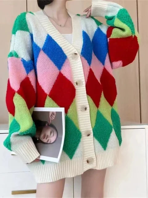 Playful Oversized Plaid Cardigan Sweater for Women
