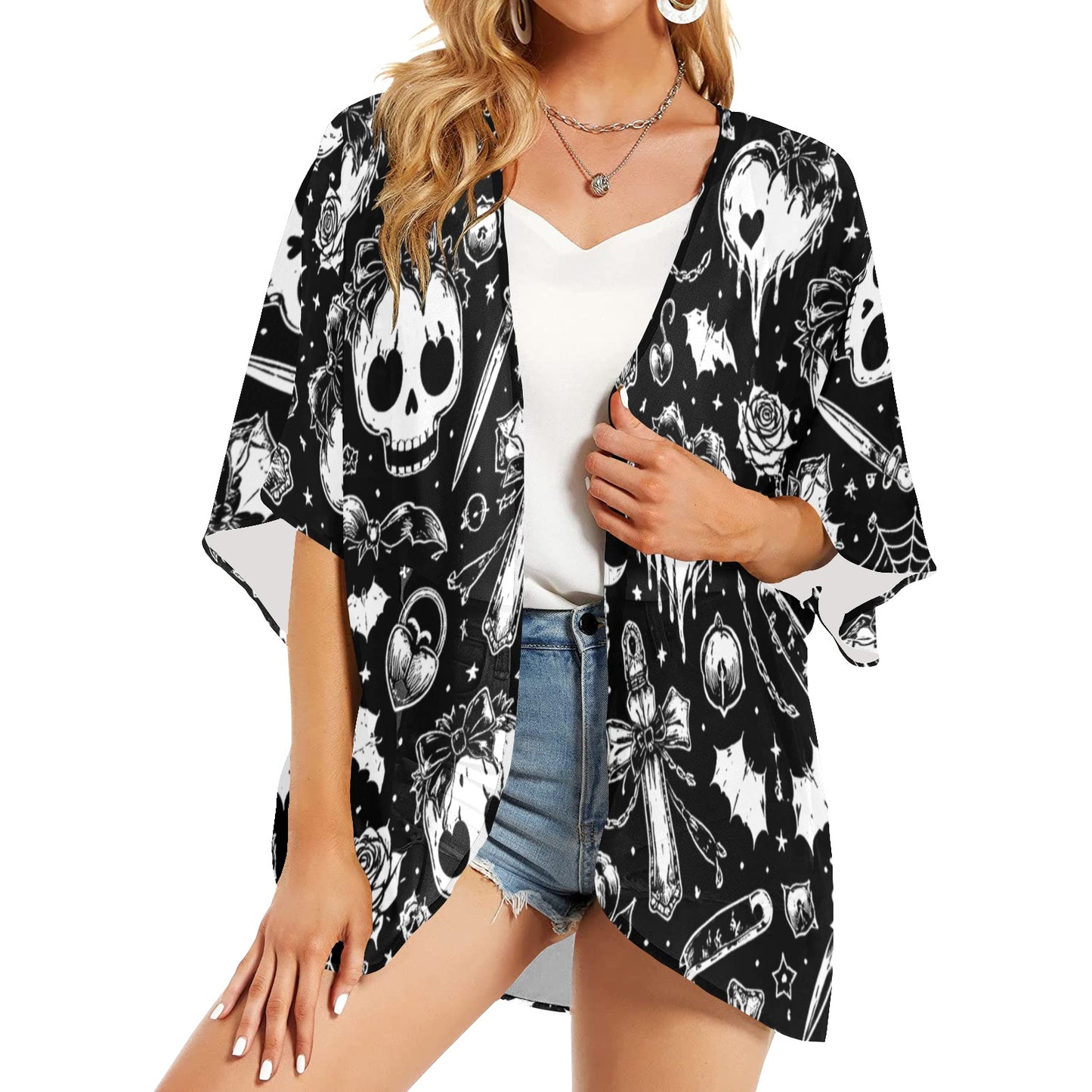 Skulls Goth Pattern Women's Kimono Chiffon Cover Up