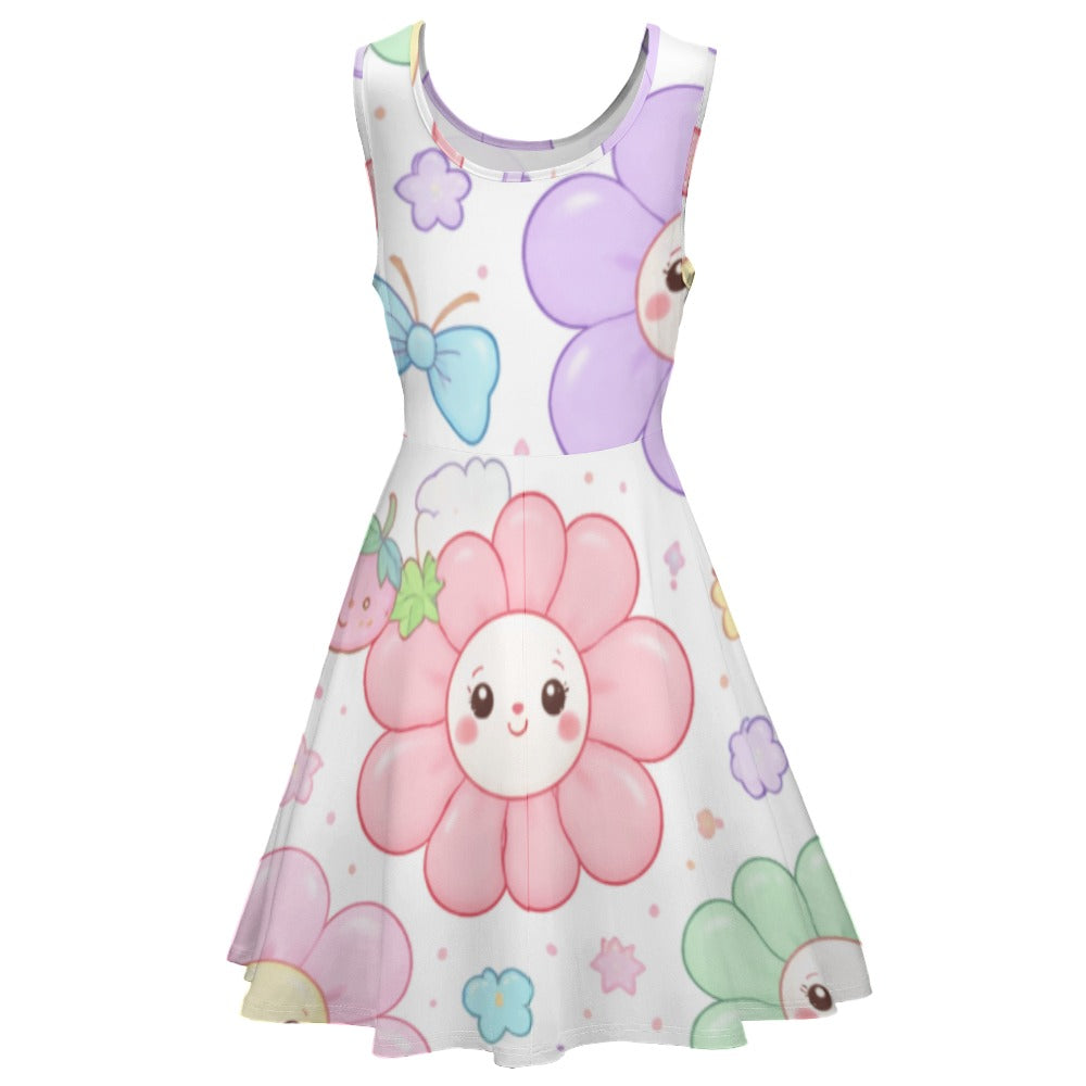 Pastel Harajuku Floral Pattern Women's Round Neck Sleeveless Big Hem Dress