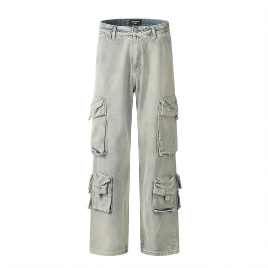 Retro Punk Washed Faded Denim Trousers for Men