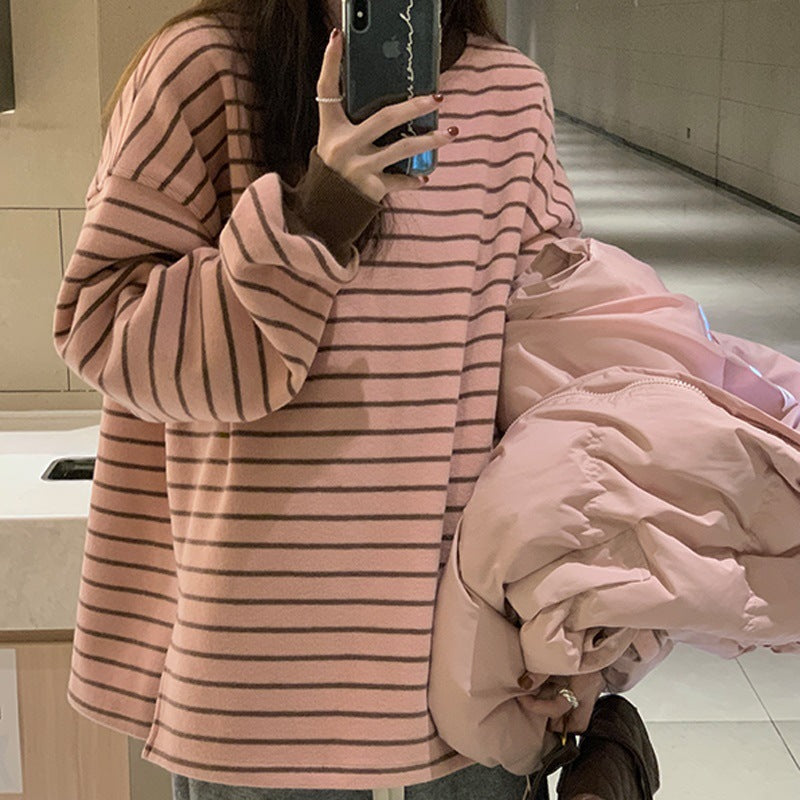 Pink Striped Long Sleeve Basic Shirt Loose Inner Layer Crewneck Sweatshirt for Women Students