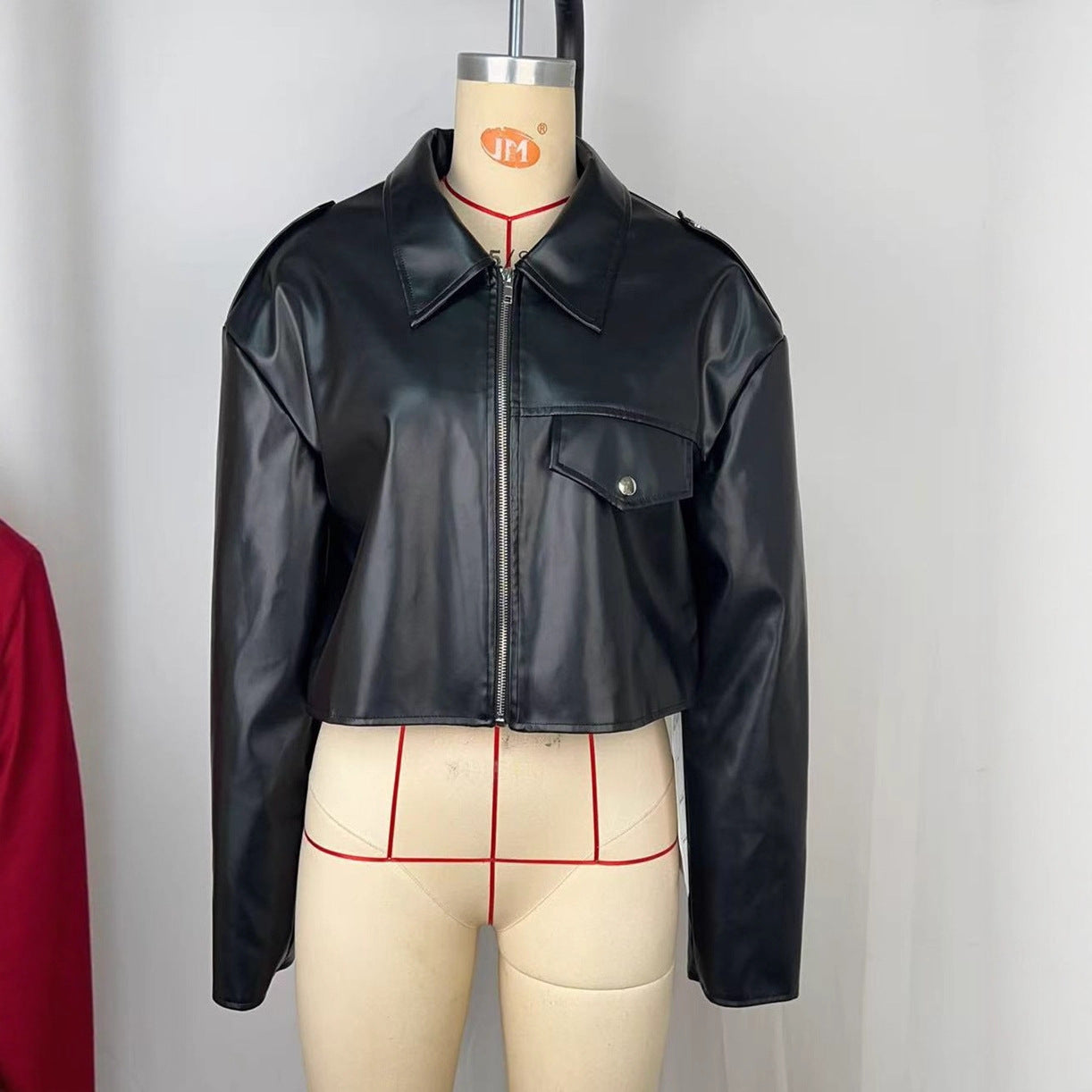 Loose Black Faux Leather Short Jacket for Women