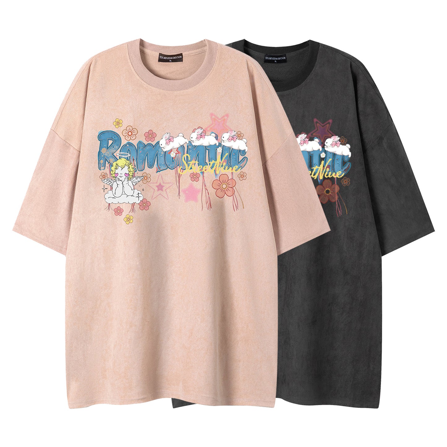 Romantic Angel Printed Short Sleeve — Harajuku Style Pink & Gray Cotton Blend Tee