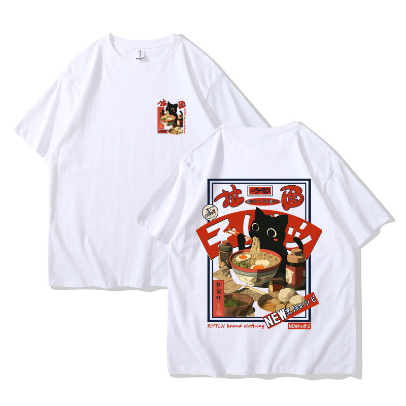 Harajuku Cat Cartoon Eating Noodles Graphic Unisex Casual Short Sleeve T-Shirt