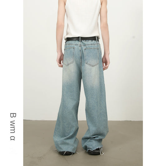 Harajuku Style Distressed Fringe Wide Leg Jeans for Men