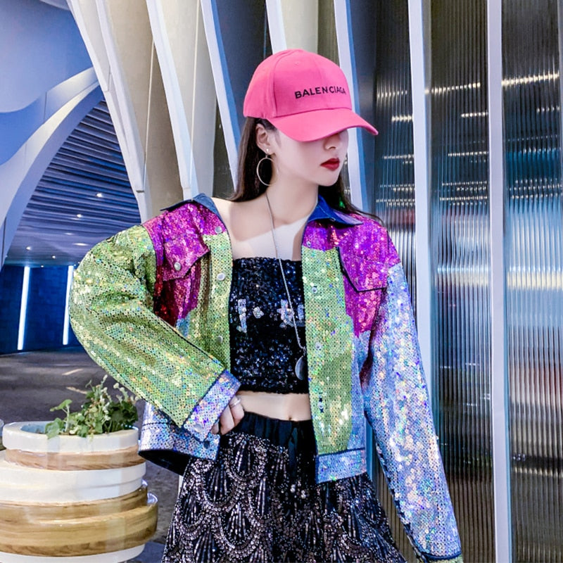 Harajuku Style Sequined Denim Jacket with Patchwork