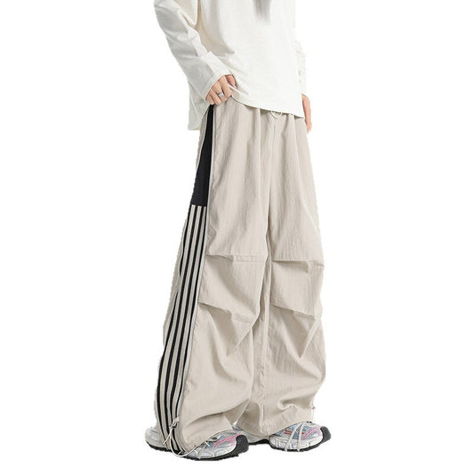Loose Curved Knife Pants with Zipper & Striped Details