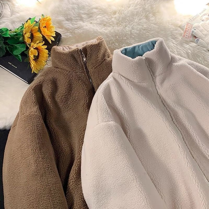 Harajuku Style Corduroy Lamb Wool Coat for Women
