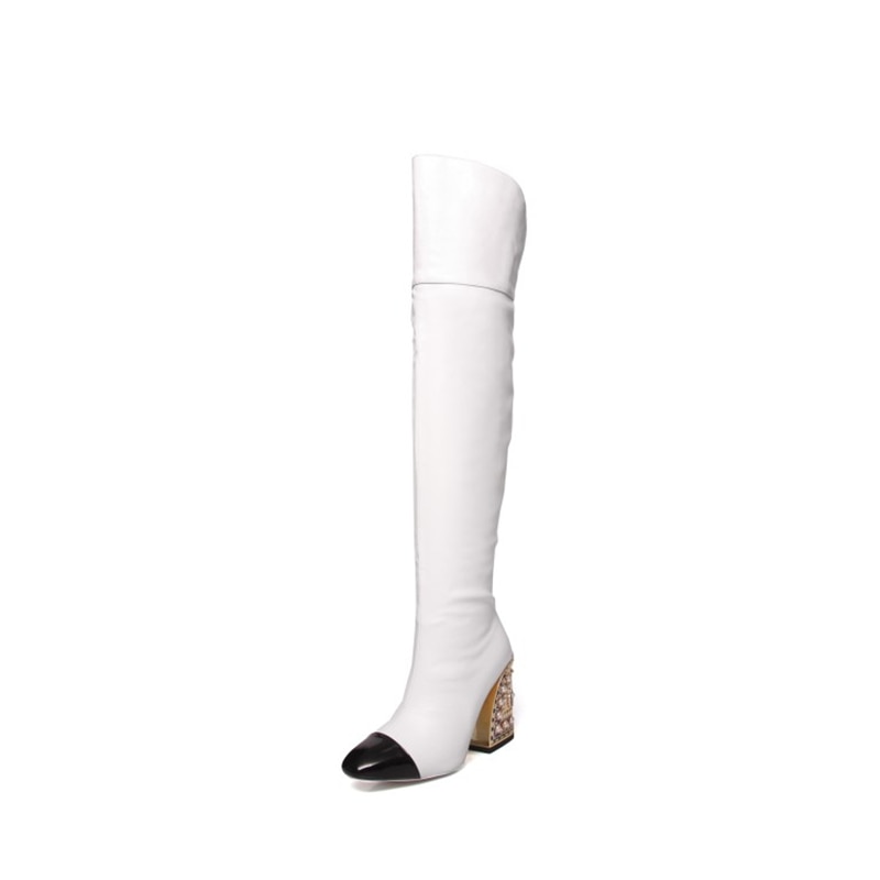 Fashionable Sexy Women's Pointed-Toe Over-The-Knee Boots with Pearl Pattern Shaped Heel - Large Size Party High Boots