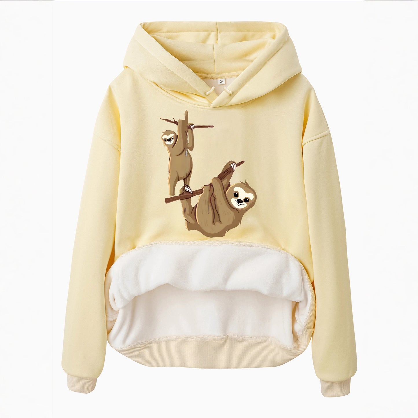 Hooded Long Sleeve Velvet Pullover with Sloth Pattern and Kangaroo Pocket