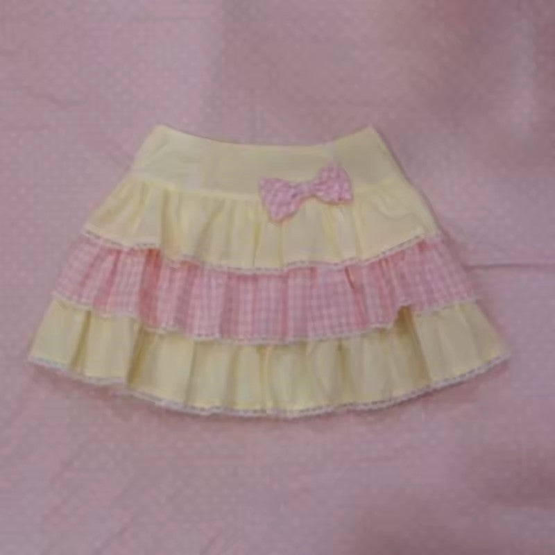 Solid Color Plaid Bowknot Short Skirt