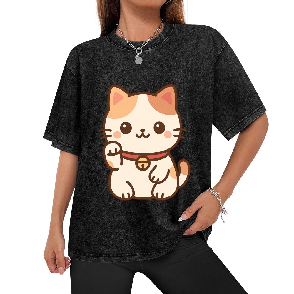 Kawaii Japanese Cat Vintage Wash Off Shoulder T-Shirt