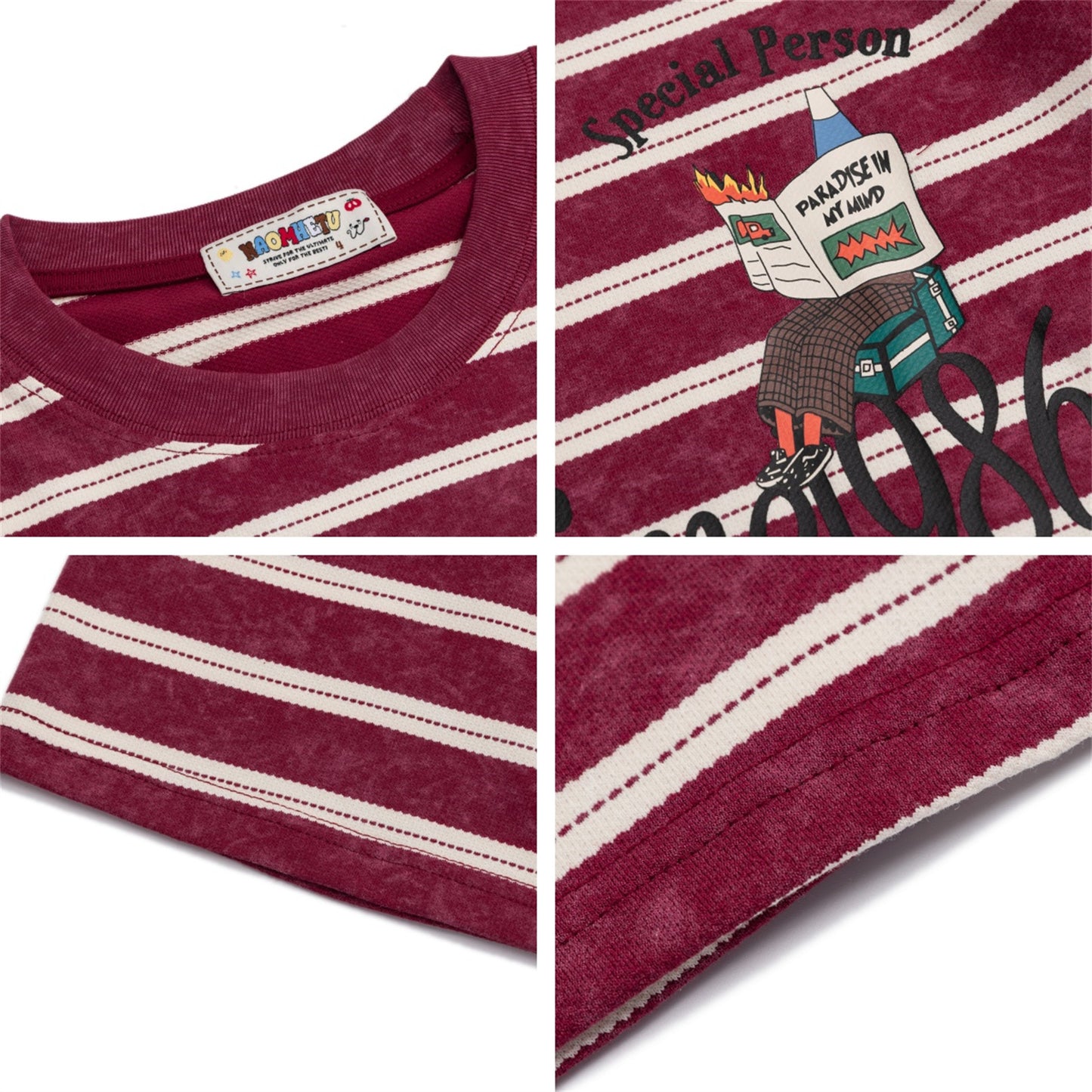 Retro Striped Cartoon Letter Print T-Shirt
