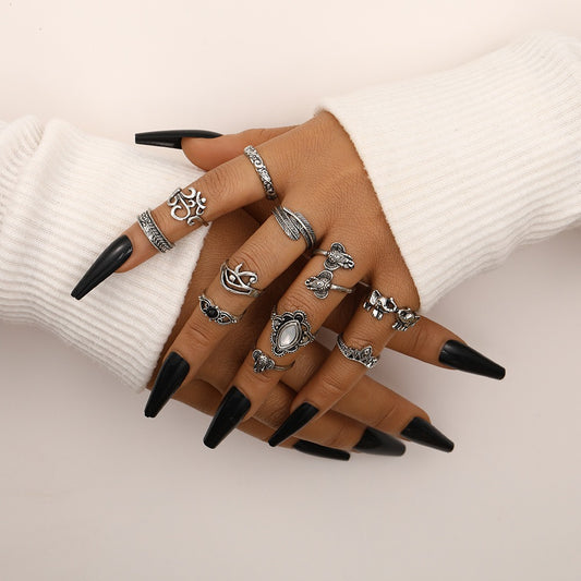 Retro Vintage Feather Elephant Joint Ring Set - 11 Piece Bracelet Collection