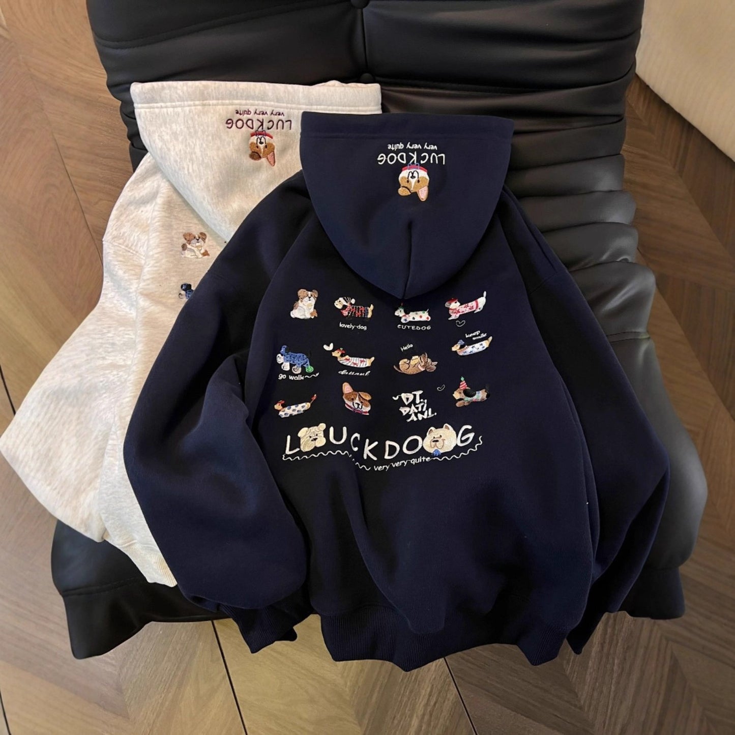 Heavy Embroidery Cartoon Fleece-Lined Thick Hooded Casual Pullover Hoodie
