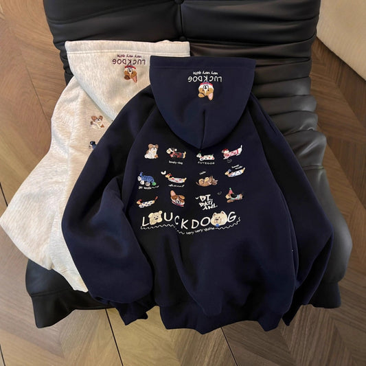 Heavy Embroidery Cartoon Fleece-Lined Thick Hooded Casual Pullover Hoodie