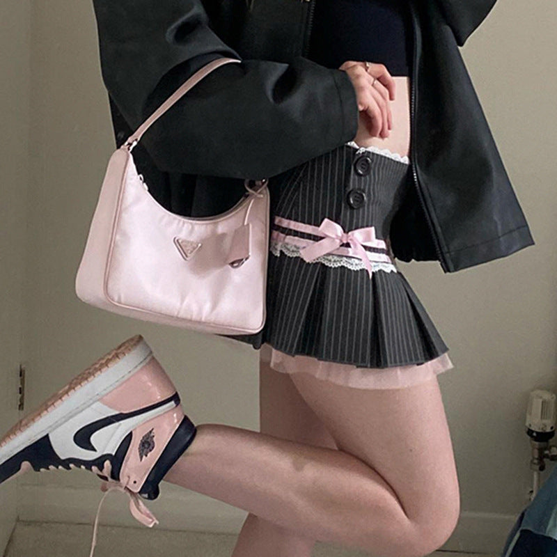 Striped Lace Bow Pleated Skirt