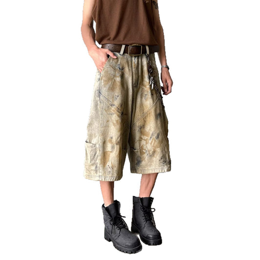 Wash Dirty Dyed Denim Wide Leg Cropped Pants
