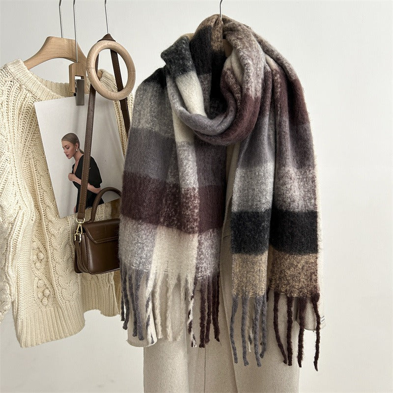 Harajuku-Inspired Mohair Plaid Scarf with Tassels