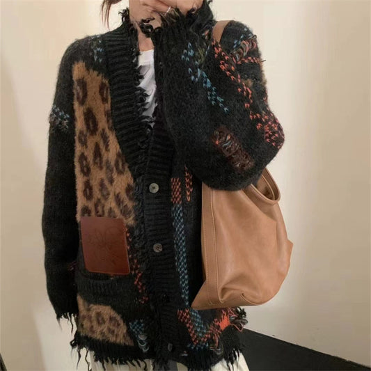 Retro Leopard Print Patchwork Cardigan Sweater