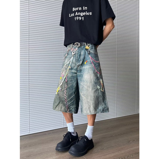 Vintage Chain Printed Denim Cropped Pants