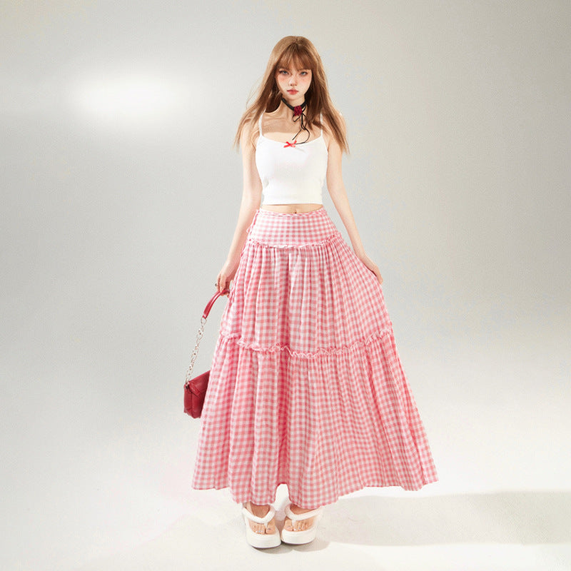 Women's Pink Plaid Flare Long Skirt - Loose A-Line Big Swing Skirt