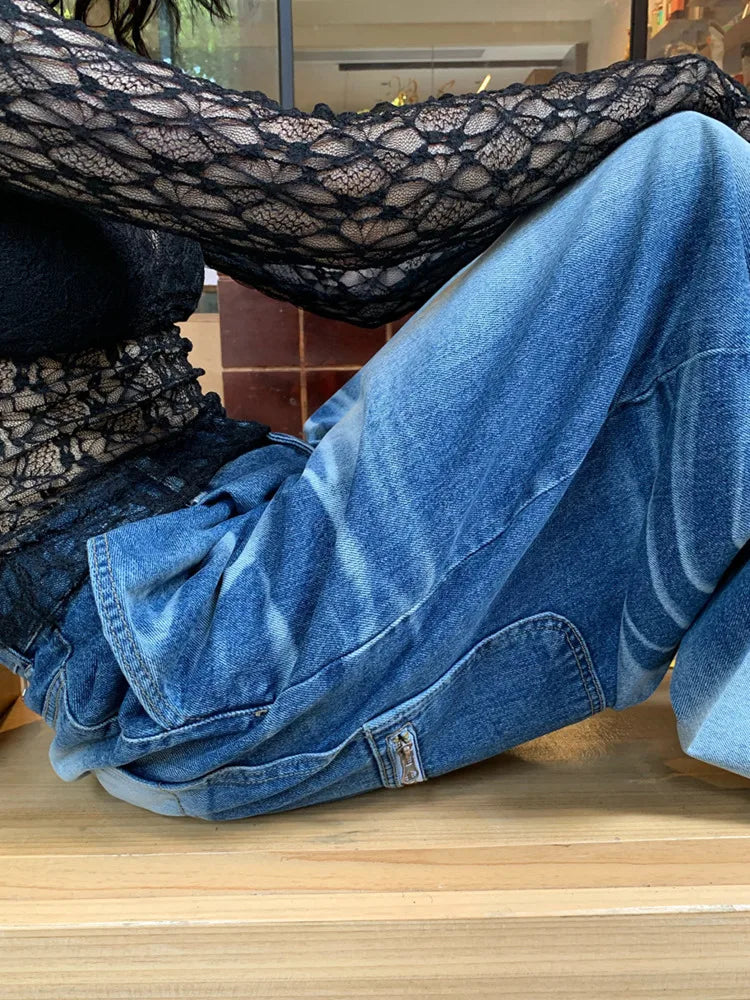 Harajuku Style Loose Pleated Wide Leg Jeans for Women