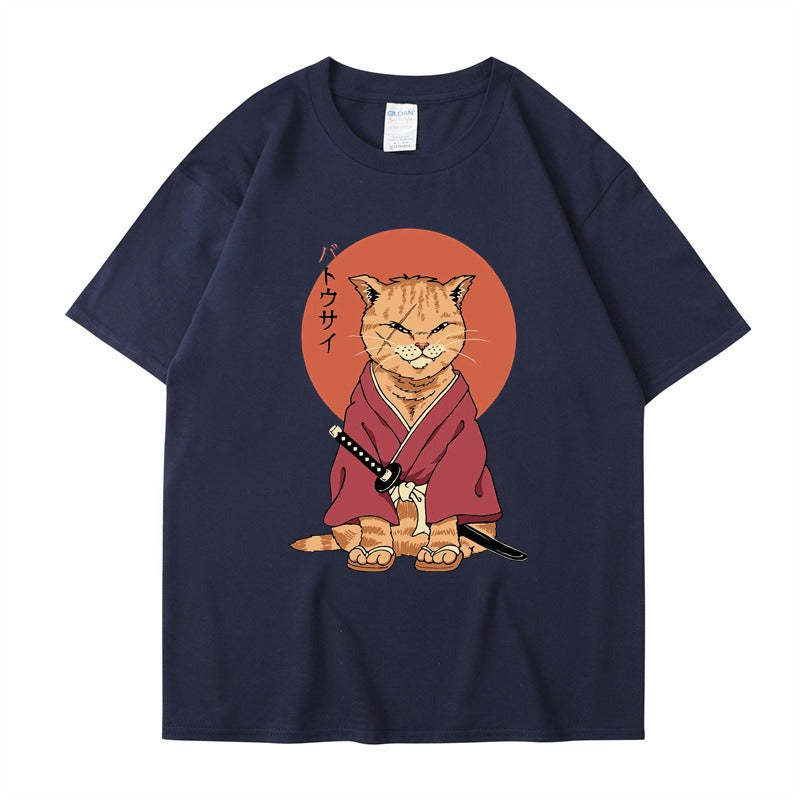 Cute Ninja Cat Print T-Shirt for Men and Women, Cool Summer Short Sleeved Round Neck T-Shirt