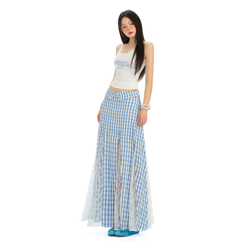 Women's Blue Plaid Summer Dress - Thin Sweet High Waist A-Line Long Skirt with Irregular Lace Detail
