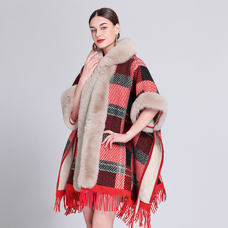 Poncho with Fleece Lining - Thick Knitted Hooded Shawl Featuring Fur Collar and Tassels
