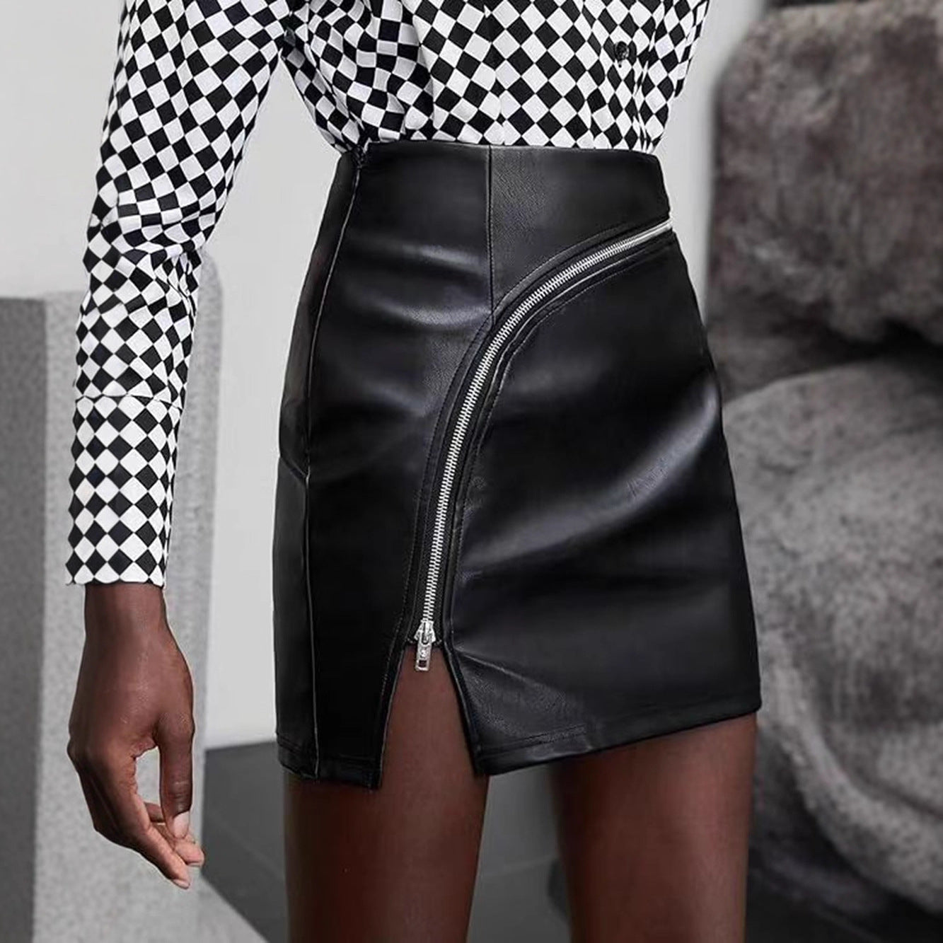Splicing Zipper Slit  Solid Color Women's Versatile Skirt