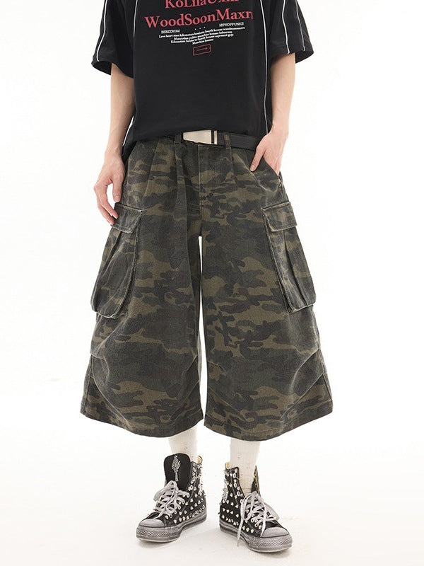 Retro Camouflage Multi Pocket Denim Shorts for Harajuku Style