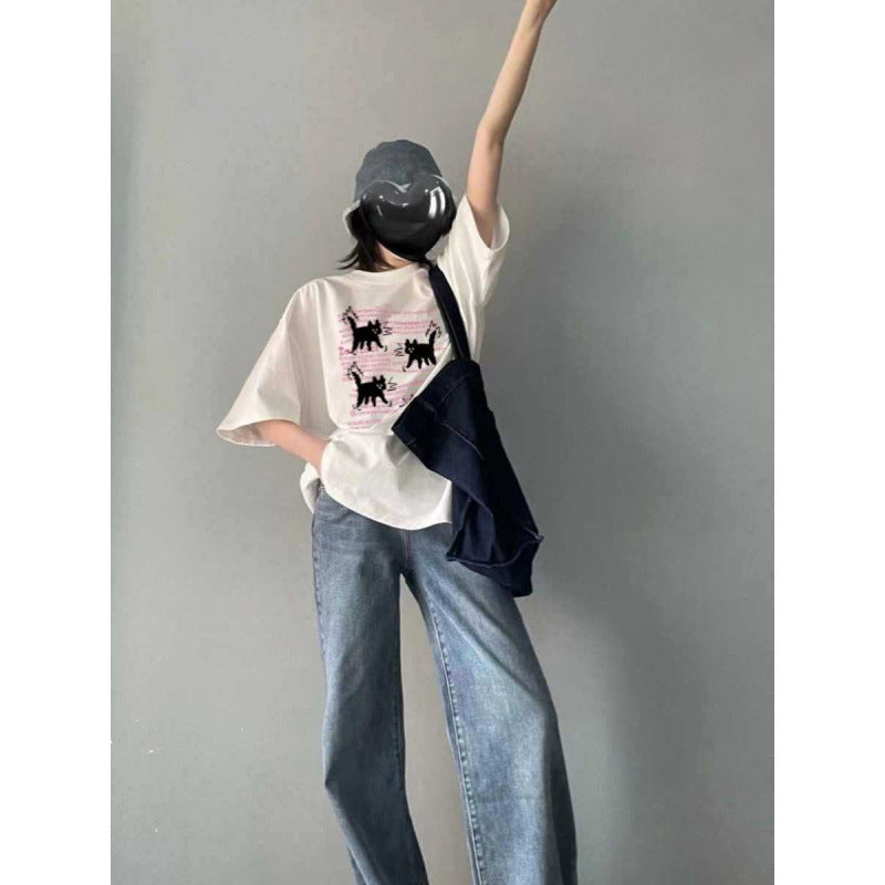 Cat Pattern Round Neck T-shirt — Harajuku Street Style Unisex Loose Fit