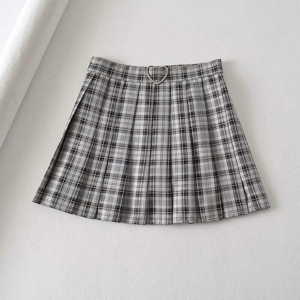 High-Waisted Checkered Midi Skirt with Black A-Line Design