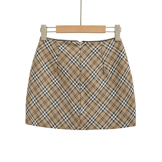 Lace Waist Bow Decorative Plaid Sexy Hip Hugging Half Skirt