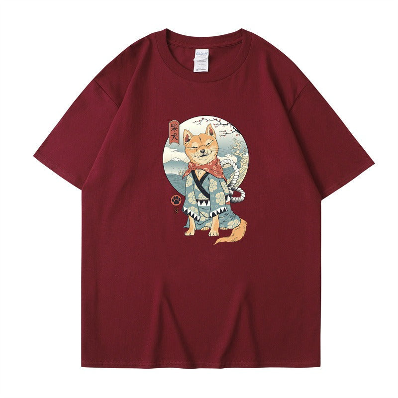 Chai Gou Ukiyo-e Style Shibu Inu Round Neck Short Sleeved Casual Top for Men