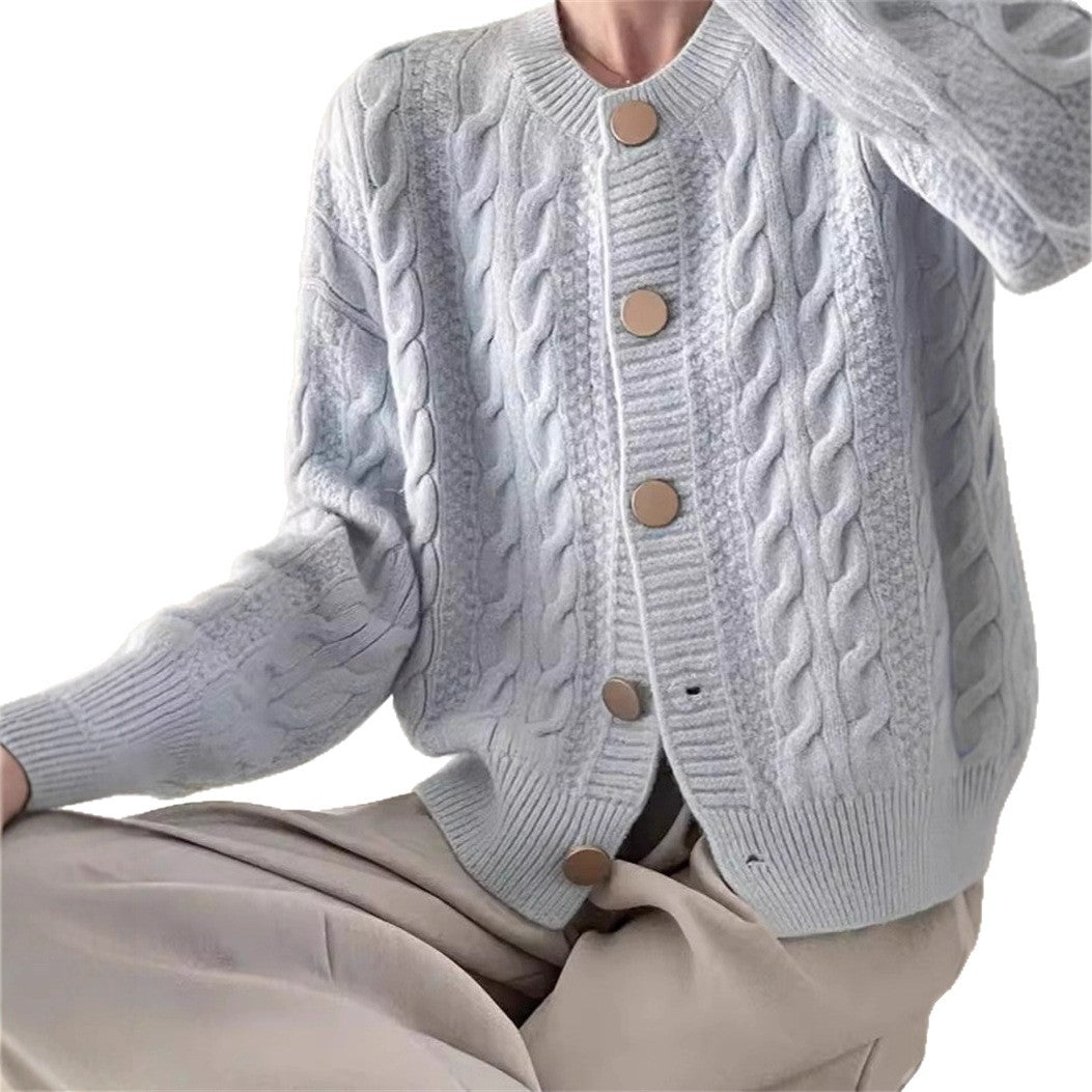 Gentle Style Short Knitted Cardigan with Cable Knit Pattern for Women – Loose Soft Round Neck Sweater Coat